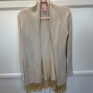 GUC XS Lilly Pulitzer Gold Tatum cardigan sweater shimmer fringe tan
